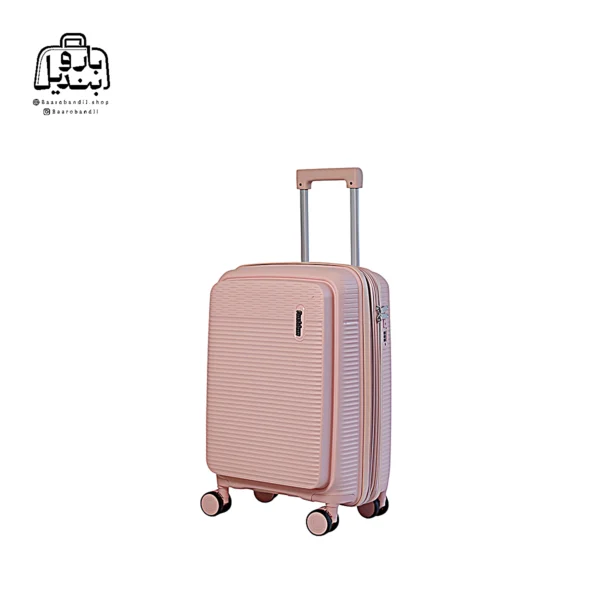 تصویر اختصاصی از نمای جلو و کناری چمدان فشن سایز کوچک (داخل کابین) در رنگ کالباسی